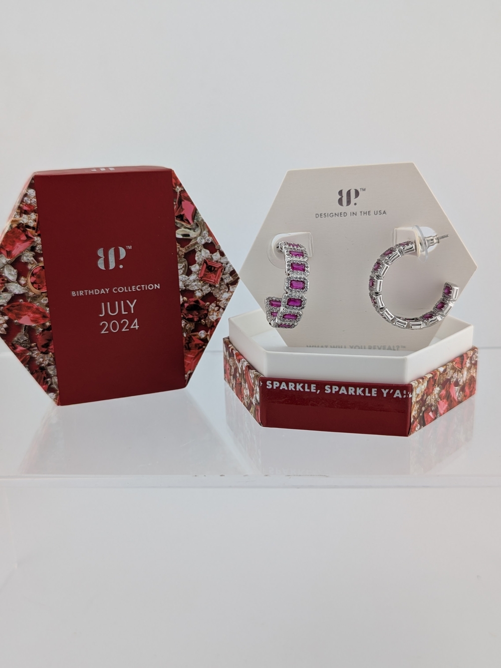 July 2024 Pink Stone Silver Hoop Earrings